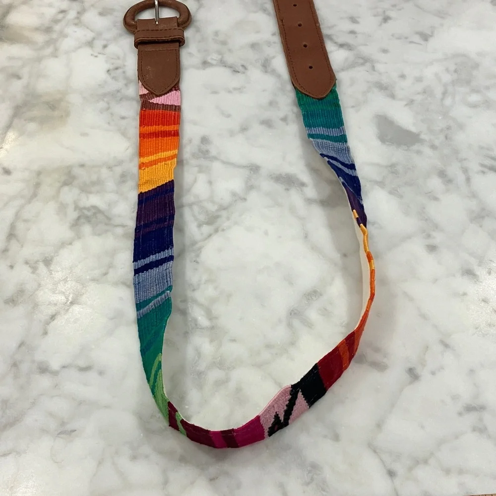 Vintage Colorful Striped Belt with Brown leather Buckle adjustable Guatemala OS